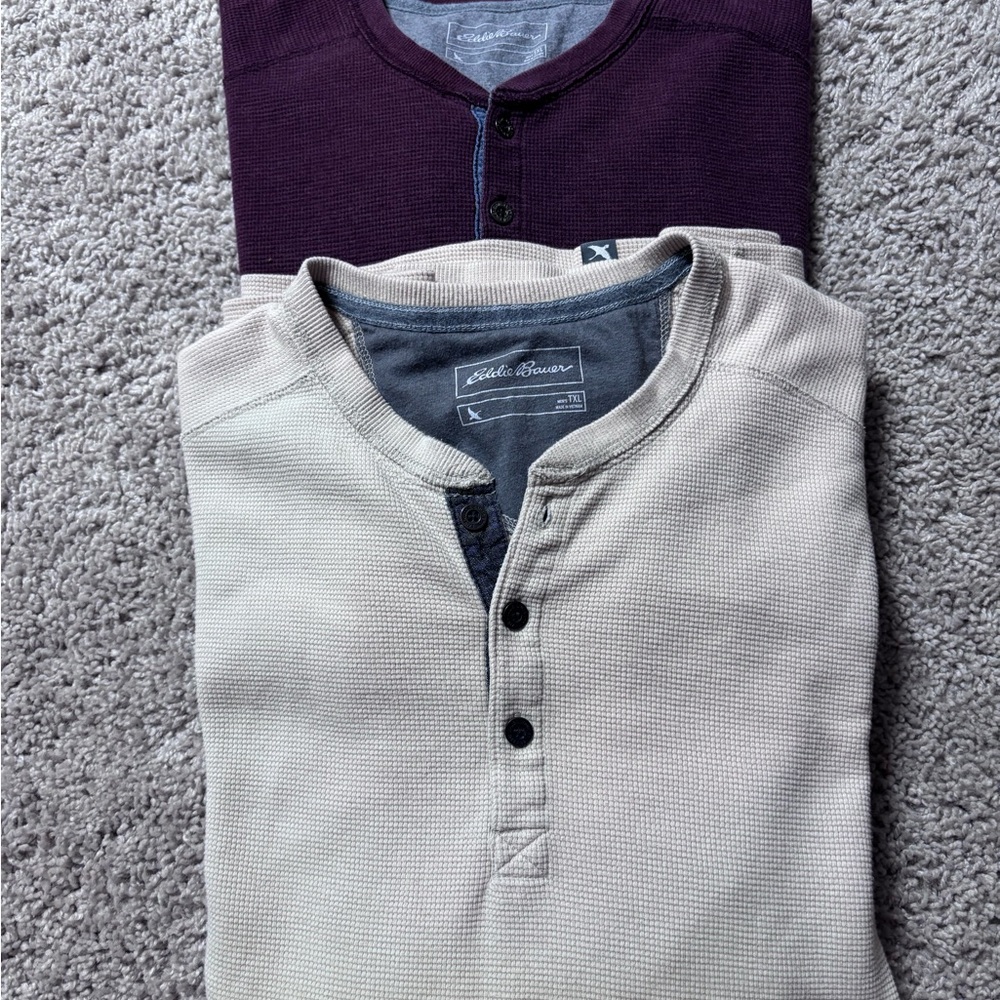 Eddie Bauer Men's Thermal Henley Shirt XL Set of 2 - Beige and Burgundy